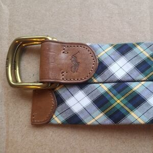 POLO Ralph Lauren Navy Blue Green Plaid Logo Leather Trim Belt